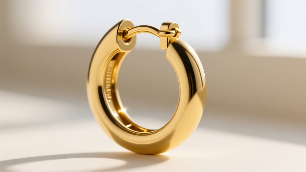 Close-up of a hinged 14k yellow gold 15mm huggie hoop earring clasp, highlighting the secure snap-shut latch mechanism and finish.