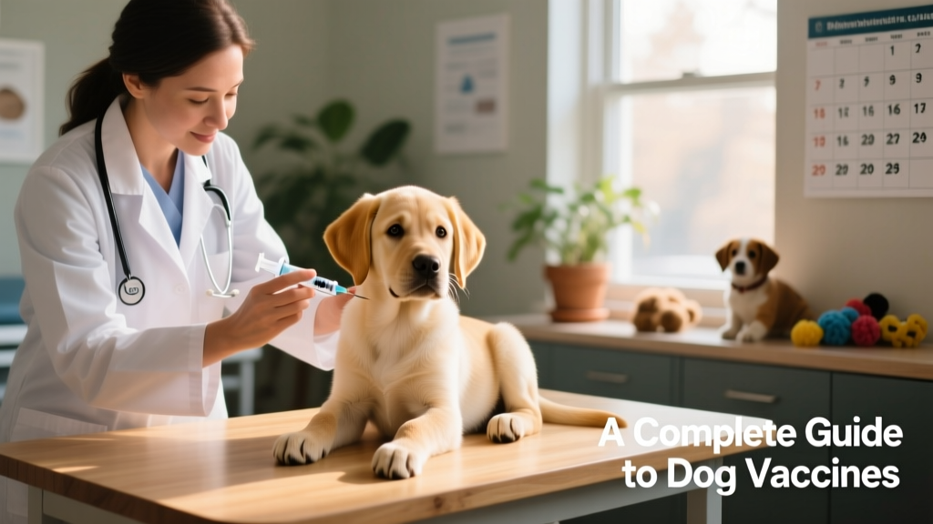Veterinarian administering a DAP vaccine to a calm, seated Labrador puppy