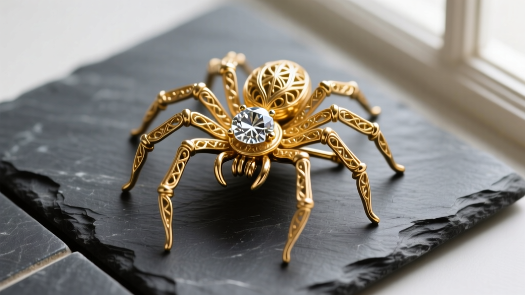 Victorian gold spider brooch with articulated legs and an old mine cut diamond abdomen, photographed top-down on a dark slate tile