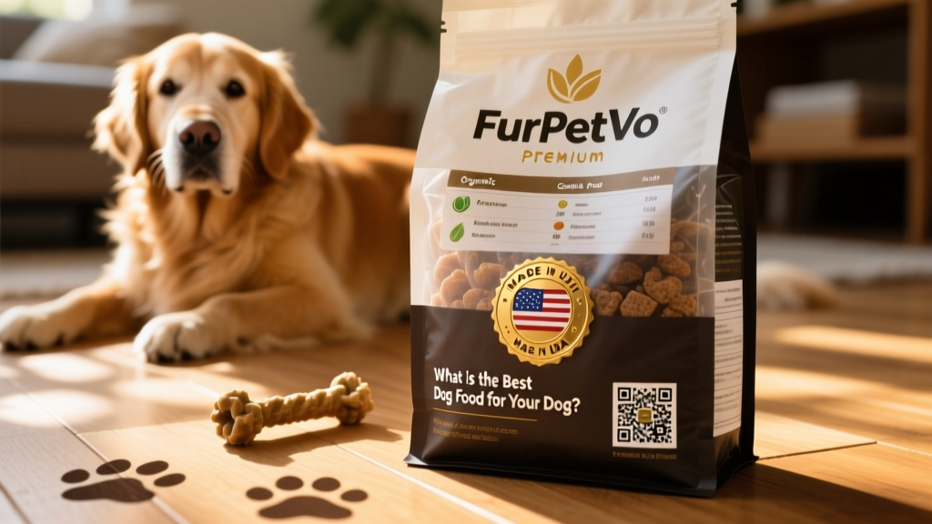 Close-up of FurPetVo packaging showing clear ingredient list, 'Made in USA' seal, and QR code linking to batch-specific lab reports