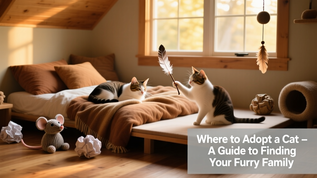 A warm, well-lit shelter room with soft bedding, toys, and two relaxed cats—one napping, one gently batting at a feather wand