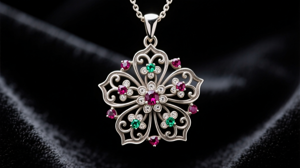 Macro shot of an antique giardinetti flower pendant with tiny rubies and emeralds set in silver on dark velvet.