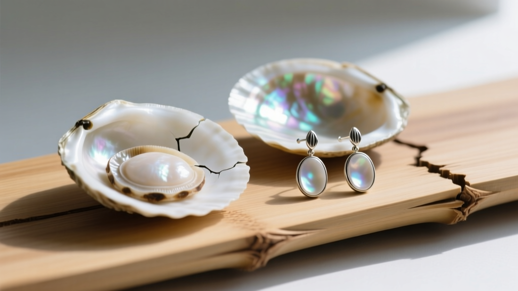 Raw white abalone shell halves next to polished earrings on bamboo, emphasizing ethical and sustainable ocean sourcing methods.