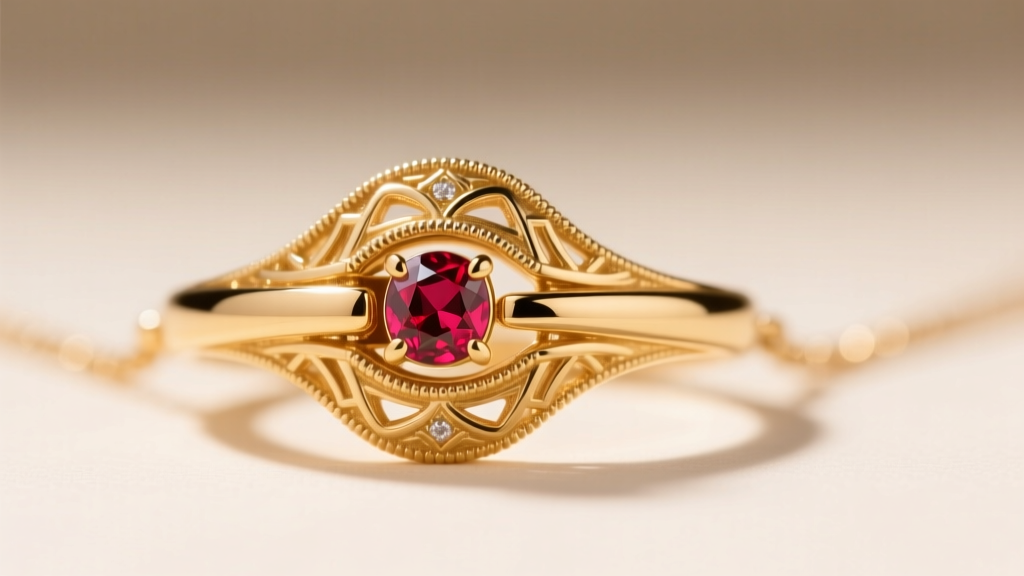 Close-up of a necklace clasp revealing a tiny hidden ruby inside 18k gold, highlighting fine Italian jewelry craftsmanship.