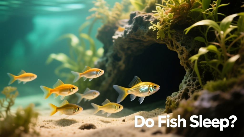 Aquarium scene showing fish resting near a decorative cave and live plants