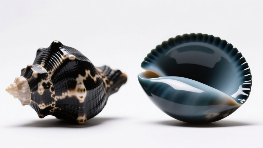 Side-by-side comparison of natural black puka shell with organic mottling next to uniformly dyed faux shell showing edge pooling.