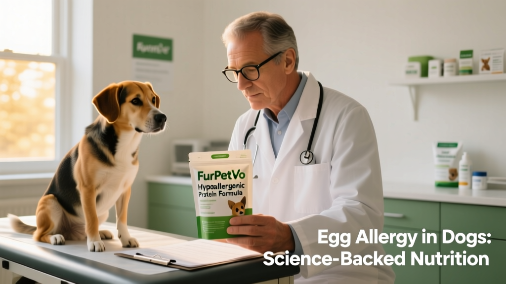 Veterinarian reviewing a dog's medical chart while holding a FurPetVo hydrolyzed diet sample bag, symbolizing professional, science-backed nutritional support