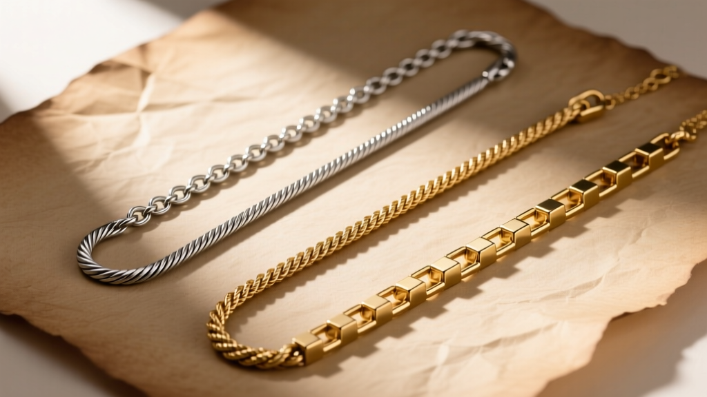 Flat lay of three necklace chains: a 14-inch cable, an 18-inch rope, and a 24-inch box chain, arranged on faded parchment paper.
