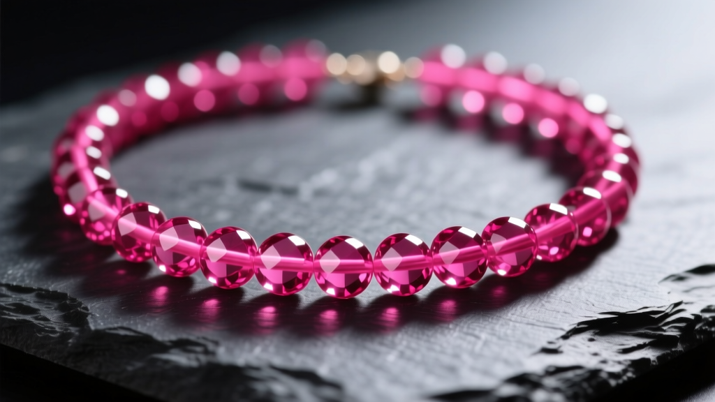 Macro shot of a vibrant hot pink beaded necklace on dark slate, highlighting the glossy finish and round cut of dyed quartz beads.