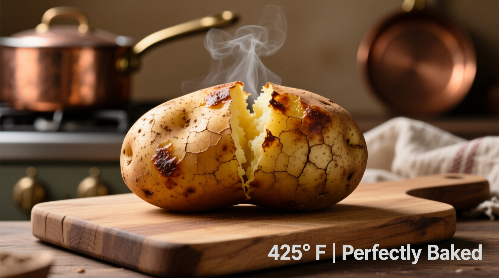 Perfectly baked russet potato with crisp skin at 425 degrees