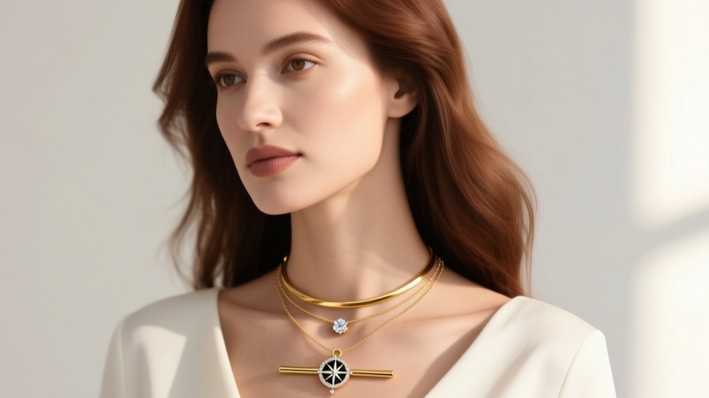 Woman wearing a layered stack with a gold horizon bar pendant and diamond compass charm, shot from a soft side profile angle.