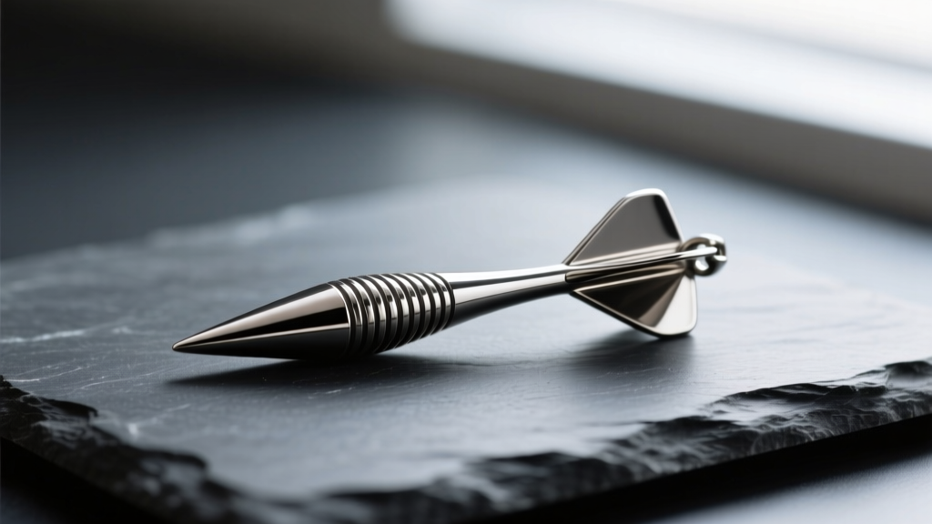 Close-up of a polished Grade 5 titanium dart-shaped pendant resting on a dark slate surface, highlighting its aerodynamic grooves