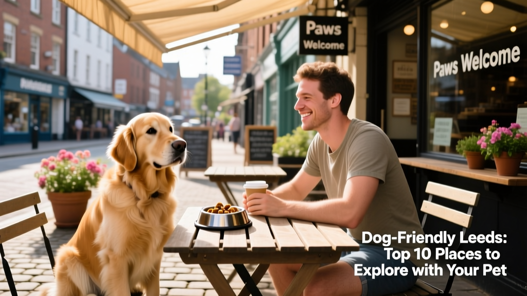 A dog sitting comfortably beside their owner at an outdoor table in a dog-friendly Leeds restaurant