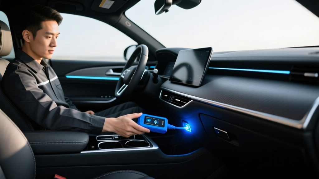 Driver plugging a glowing blue Bluetooth OBD2 diagnostic scanner into the under-dash port of a modern 2025 SUV interior.