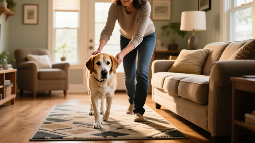 Senior dog navigating a familiar living room with gentle guidance from owner; non-slip rug visible near couch