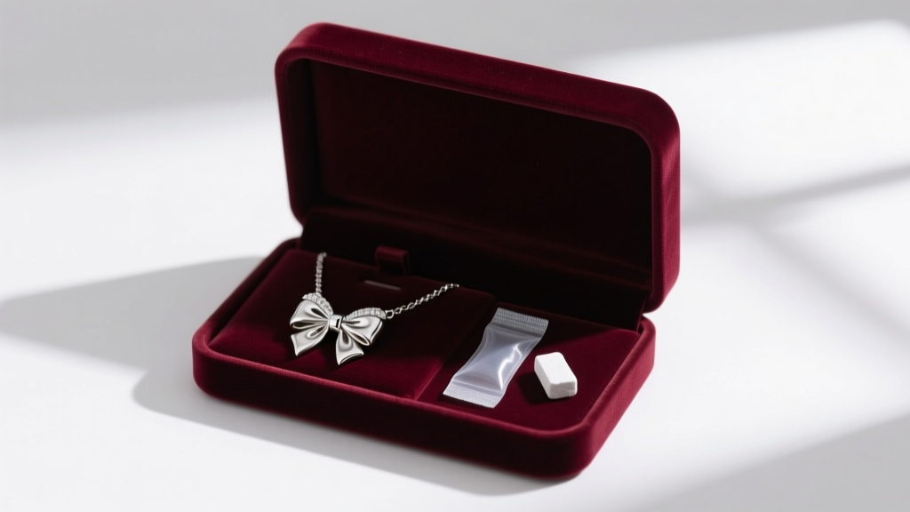 Open velvet box holding a silver bow necklace, alongside anti-tarnish silica strips and a small chalk piece for moisture control