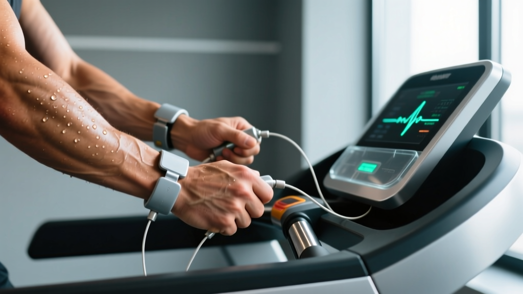 Close up of a runner hands gripping treadmill ECG metal sensors while sweating during a high-intensity interval workout