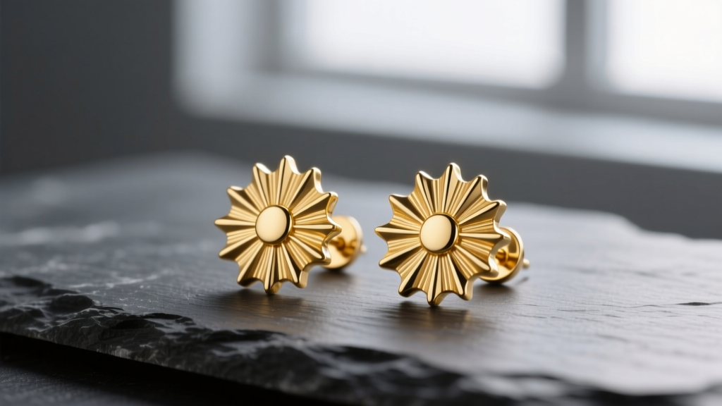 Macro photography of 14k solid gold sunburst stud earrings resting on dark slate, highlighting intricate ray textures and soft lighting.