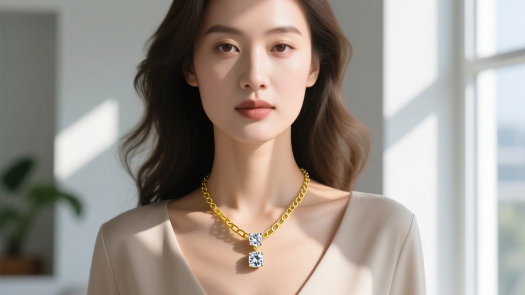 Woman wearing a 1.0mm 18k yellow gold box chain with a delicate three-stone diamond pendant in soft natural window light.