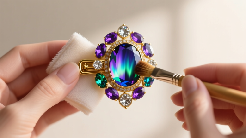 Hands using a soft microfiber cloth and a dry brush to gently clean aurora borealis rhinestones on a gold Coro vintage clip-on.