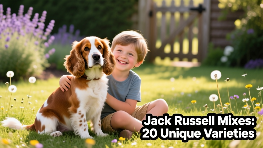 A friendly, floppy-eared Cocker Jack sitting beside a child on a grassy lawn