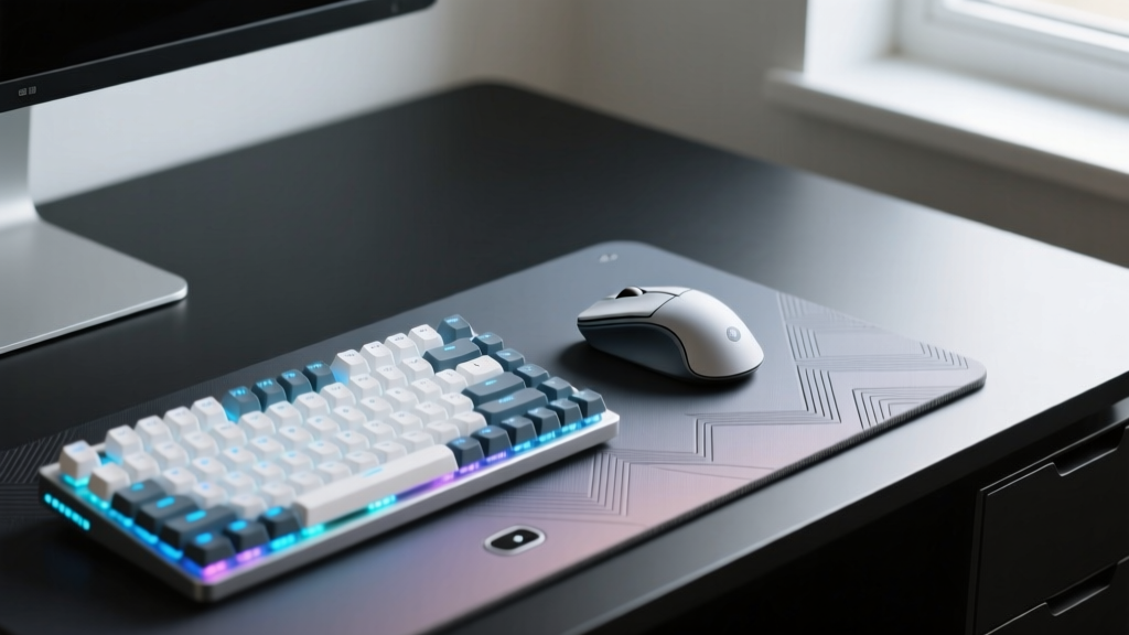Close-up of a professional home office desk showcasing an ergonomic vertical mouse and a smart posture mat next to a mechanical keyboard.