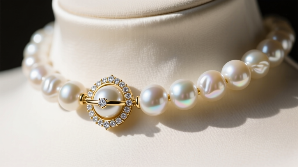 Close-up of a diamond-studded 18k white gold ball clasp securing 11mm chunky baroque pearls against a fabric mannequin neckline.