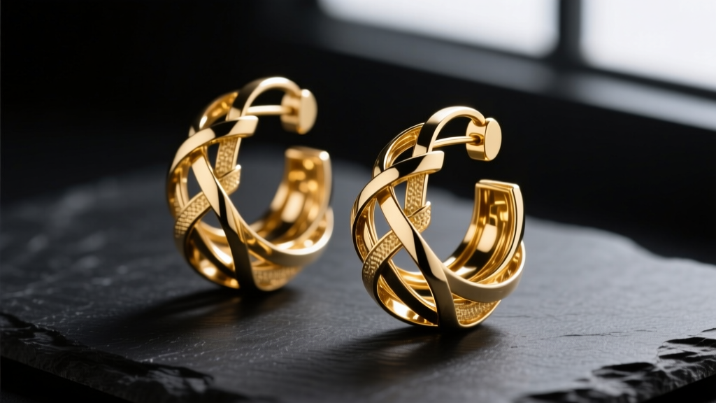 Close-up of sculptural 3D gold earrings on dark slate, highlighting deep crevices, overlapping layers, and polished metal curves.