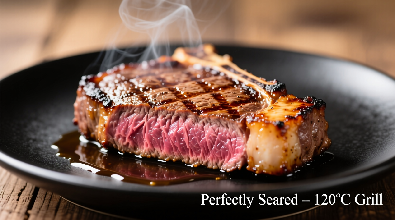Perfectly seared NY strip steak with crust and juices