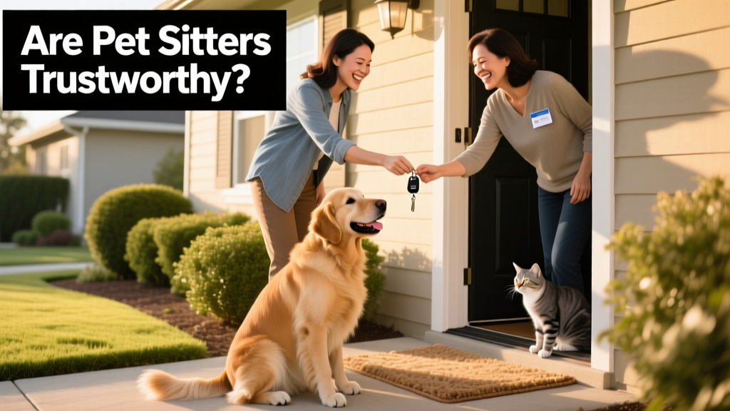 A joyful pet parent handing over keys to a friendly, responsible-looking sitter outside a well-kept home, with a dog and cat visible in the doorway