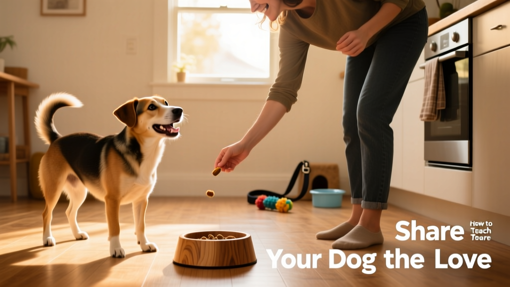 A person gently tossing a treat toward a dog's food bowl while the dog looks up happily
