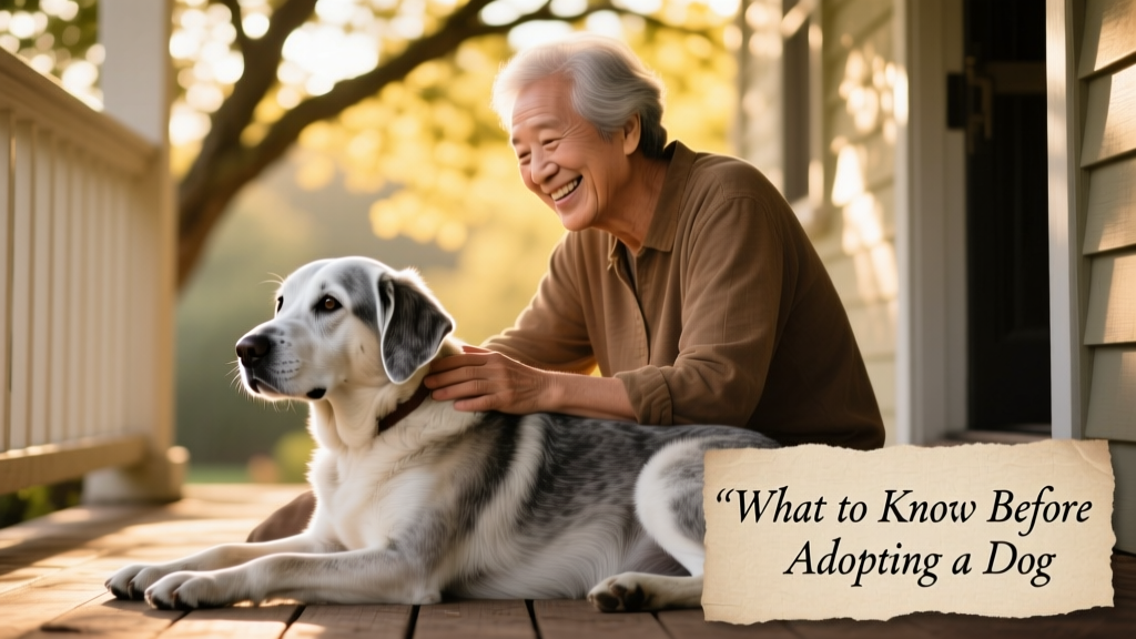 A calm, gentle senior dog resting beside a smiling adult on a sunlit porch