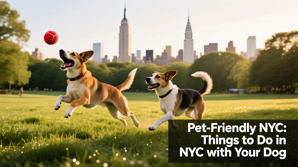Two dogs playing fetch in a spacious, grassy NYC dog park with skyline views in the background