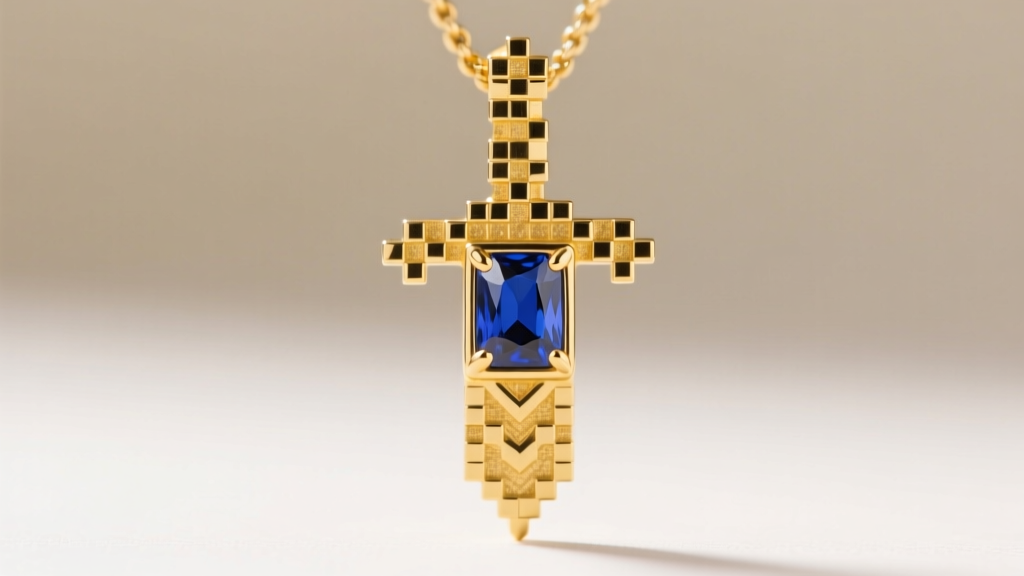 Macro shot of a 14k yellow gold pixel sword pendant with blue sapphire inlay, showing precise bezel settings and polished edges.