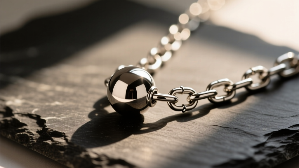 Close-up of a heavy 5mm stainless steel ball and chain necklace pendant on dark slate, highlighting the welded link joints.