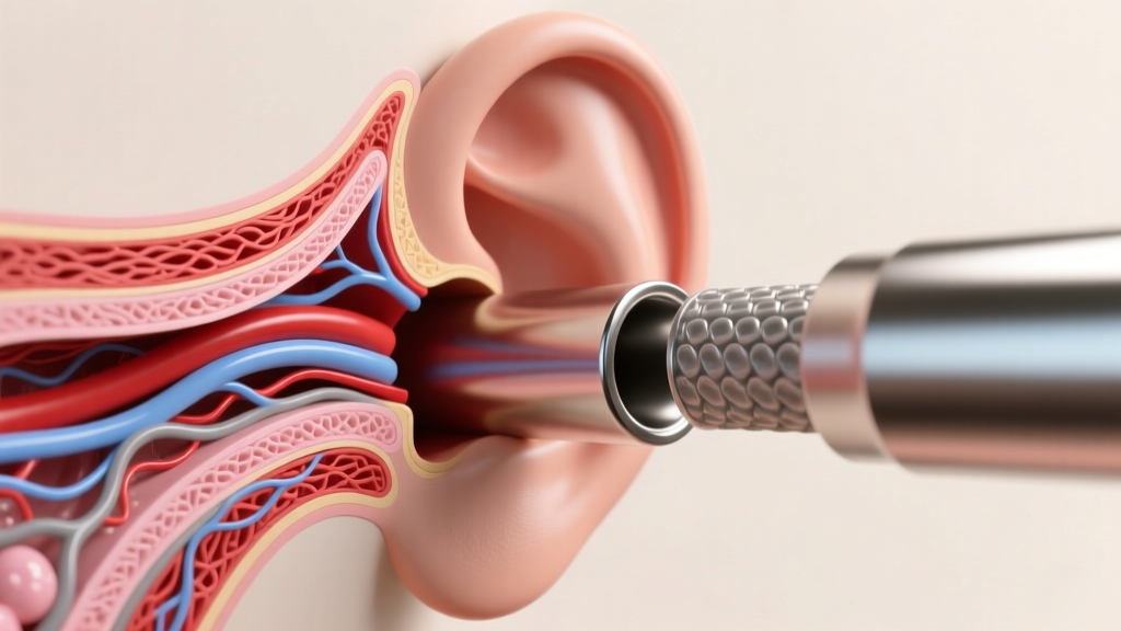 Medical illustration of an earlobe cross-section stretching around a thick titanium tunnel, showing collagen and elastin fibers.