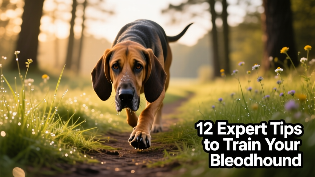 A focused Bloodhound with nose to the ground, tracking along a grassy trail