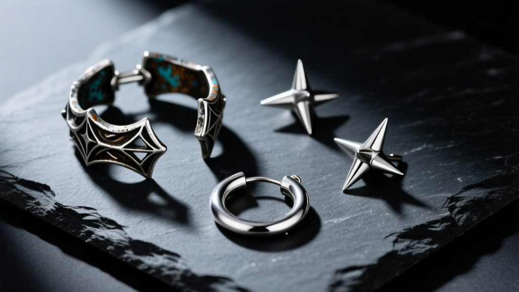 Flat lay of gothic ear cuffs, oxidized 925 silver huggies, and spike studs on dark slate with moody lighting and sharp shadows
