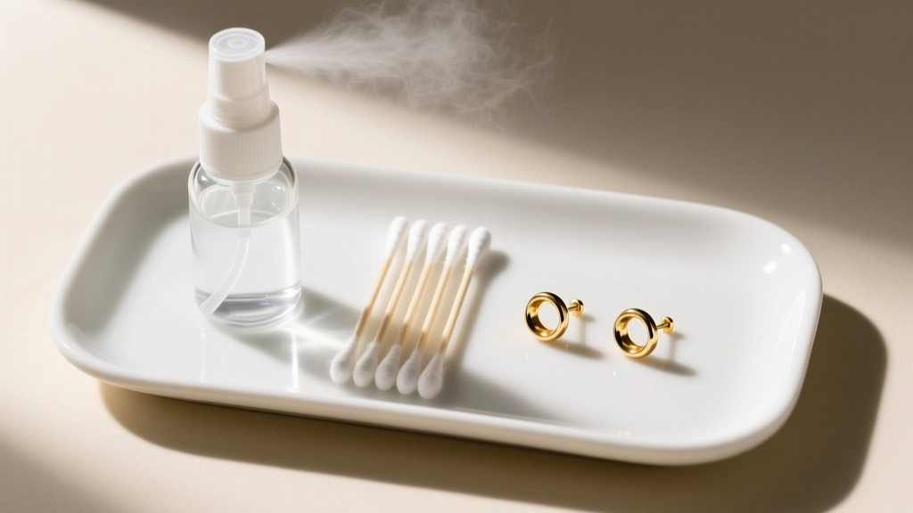 Overhead view of a clean ceramic tray holding sterile saline spray, cotton swabs, and 14k gold threadless stud earrings, bright.