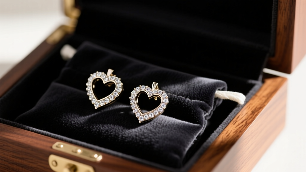 White gold heart earrings with diamond pavé stored inside individual anti-tarnish velvet pouches within a dark wooden jewelry box.