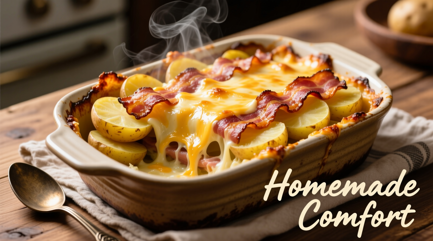 Golden potato bake with crispy bacon and melted cheese