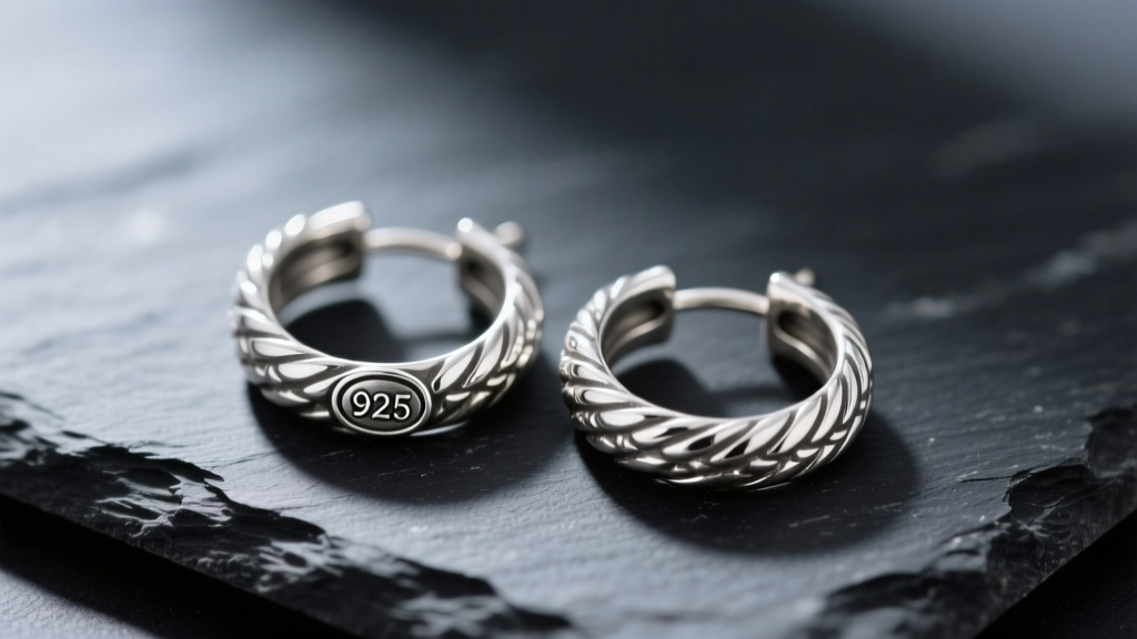 Vintage James Avery sterling silver textured hoop earrings on dark slate, soft lighting highlighting the 925 hallmark.