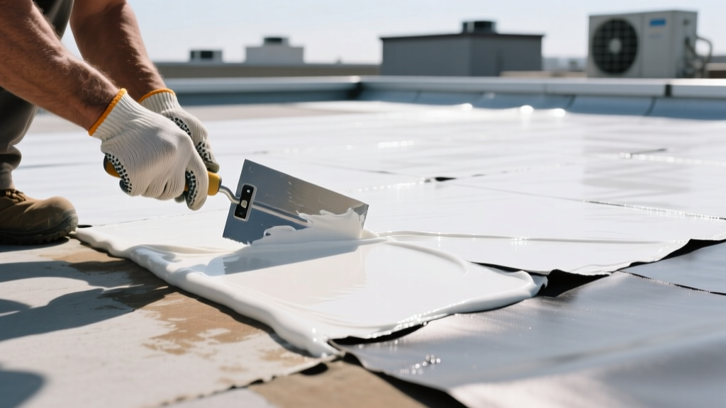 Close-up of a roofing contractor applying a thick layer of white silicone coating over a patched EPDM membrane on a commercial flat roof