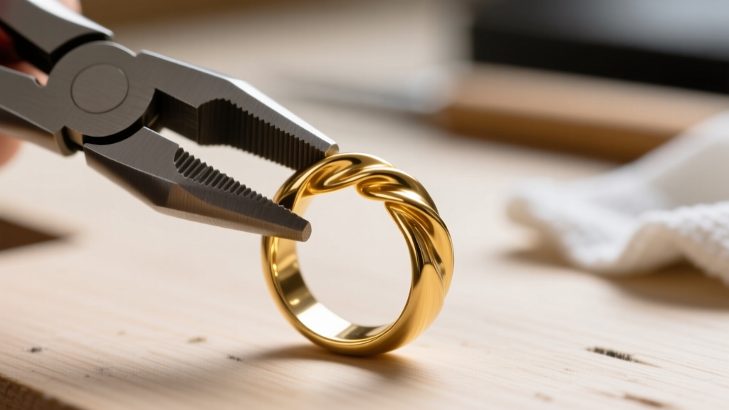 Macro photography showing the lateral twist technique applied to an 18-gauge gold segment ring using nylon-tipped jewelry pliers