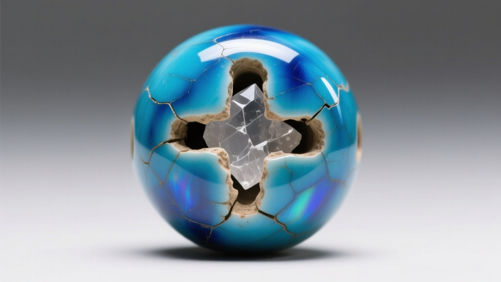 Macro photo of ancient faience beads showing a crushed quartz core and bright blue alkaline glaze surface under museum lighting.
