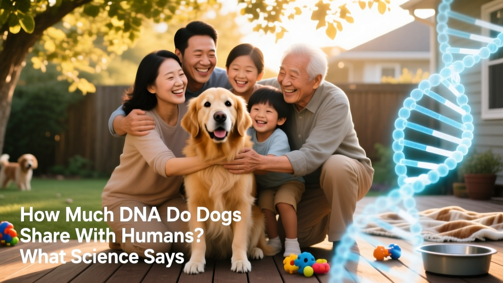 Family smiling while holding a dog, with subtle DNA helix graphic overlay suggesting shared biology