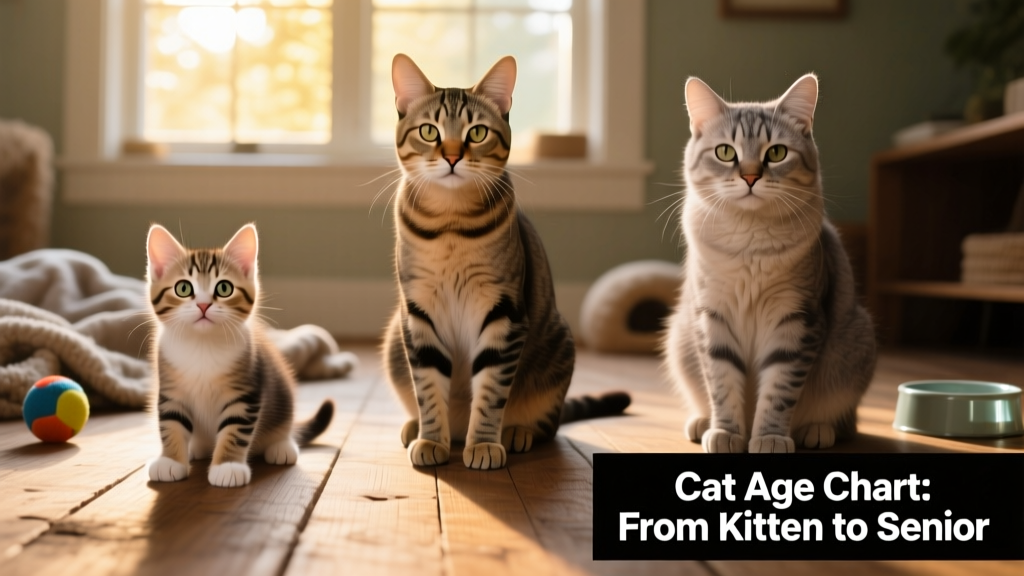 Side-by-side illustration comparing kitten, adult, and senior cat postures and physical traits