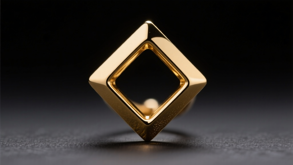 Macro shot of the sharp bottom vertex of an 18k gold rhombus earring showing high-polish edge finishing against a dark backdrop