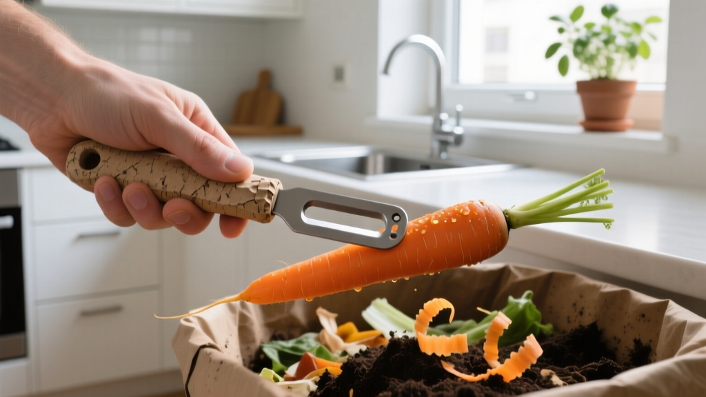 Close-up of a hand using a recycled paper-handle vegetable peeler on organic carrots over a compost bin in a tiny apartment kitchen