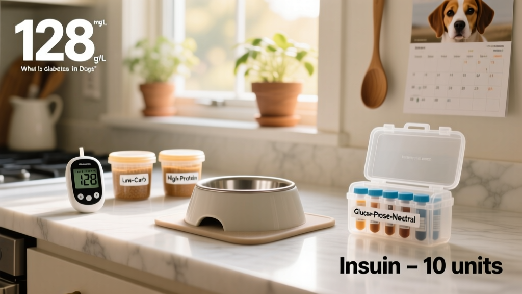 A well-organized home setup for a diabetic dog: elevated bowl, insulin storage, glucose monitor, and labeled food containers on a clean countertop